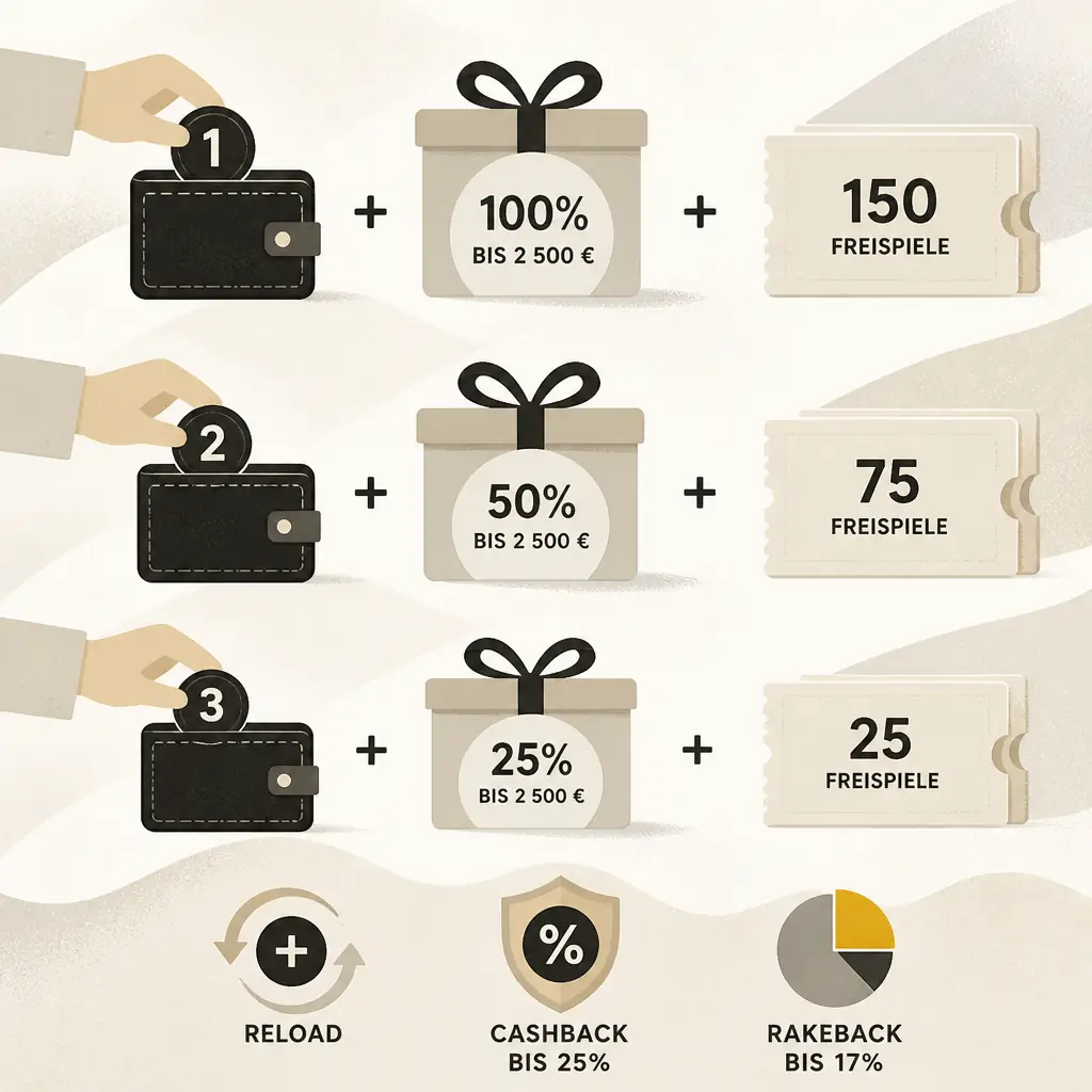 Roulettino Bonus: Willkommenspaket, Freispiele und Reload visual guide for Roulettino Casino